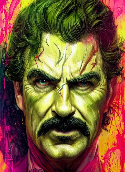 Image similar to a demon slayer portrait of tom selleck, tall, pale - skinned, slender with lime green eyes and long eyelashes by stanley artgerm, tom bagshaw, arthur adams, carne griffiths, trending on deviant art, street art, face enhance, chillwave, maximalist, full of color, glittering