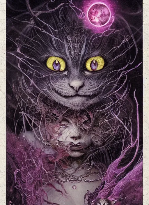 Image similar to cheshire cat the magician tarot card, highly detailed, cinematic, 8 k, by stanley artgermm, tom bagshaw, greg rutkowski, carne griffiths, ayami kojima, beksinski, giger, trending on deviantart, hyper detailed, horror, full of colour