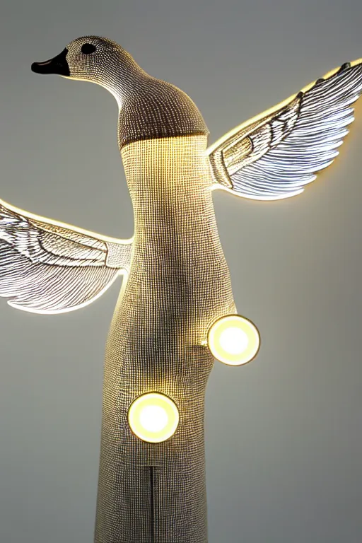 Image similar to led light in goose form, 3 5 mm, close - up, design forms, intricate details. front on, symmetrical.