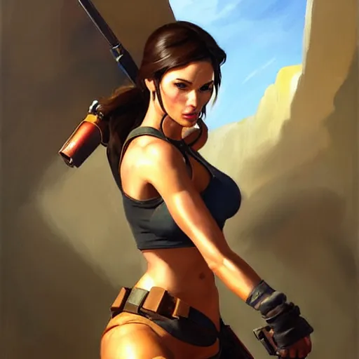 Image similar to Greg Manchess portrait painting of Lara Croft as Overwatch character, medium shot, asymmetrical, profile picture, Organic Painting, sunny day, Matte Painting, bold shapes, hard edges, street art, trending on artstation, by Huang Guangjian and Gil Elvgren and Sachin Teng