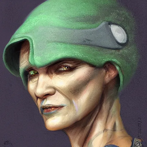 Image similar to portrait of a woman by greg rutkowski, female twi'lek, green skin, wool cap, star wars expanded universe, she is about 6 0 years old, wearing uniform of the galactic alliance navy, highly detailed portrait, digital painting, artstation, concept art, smooth, sharp foccus ilustration, artstation hq