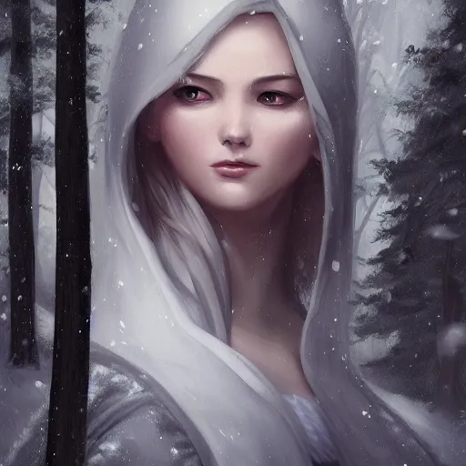 Image similar to a painting of a woman in a snowy forest, a digital painting by Charlie Bowater, featured on cgsociety, fantasy art, detailed painting, artstation hd, ilya kuvshinov