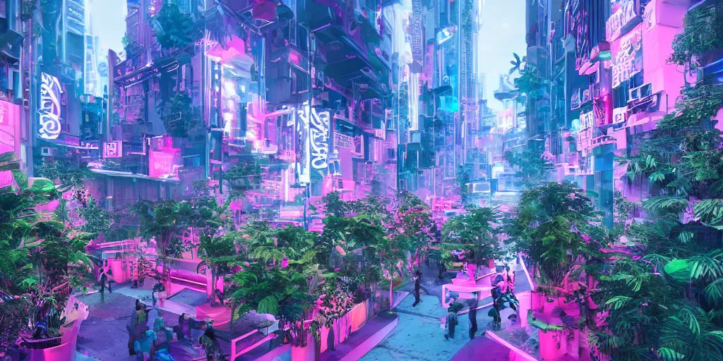 Prompt: a photo of 8k ultra a solarpunk neon pink and blue city with buildings covered in plants, face enhance, cinematic lighting, trending on artstation, 4k, hyperrealistic, focused, extreme details, cinematic, masterpiece