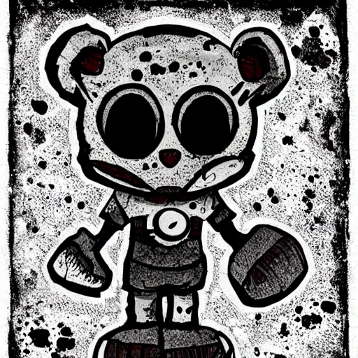 Image similar to grunge cartoon drawing of a teddy bear with bloody eyes in the style of danny phantom, loony toons style, horror theme, detailed, elegant, intricate