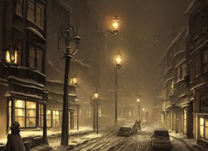 Image similar to a night scene of a snowy town street with cthulhu, a detailed matte painting by anton pieck, deviantart contest winner, fantasy art, concept art, official art, matte drawing