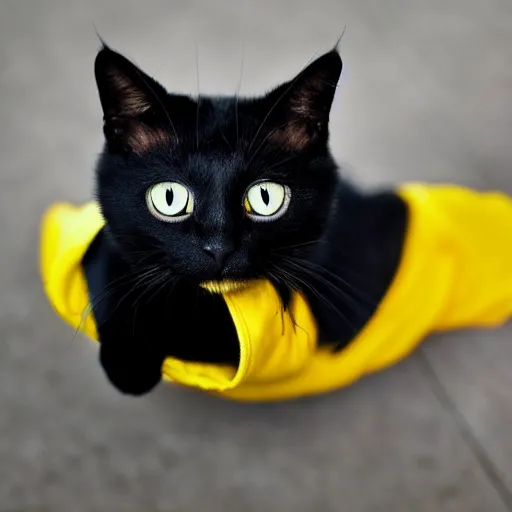 Prompt: black cat with big eyes and black pupils wearing yellow hoodie