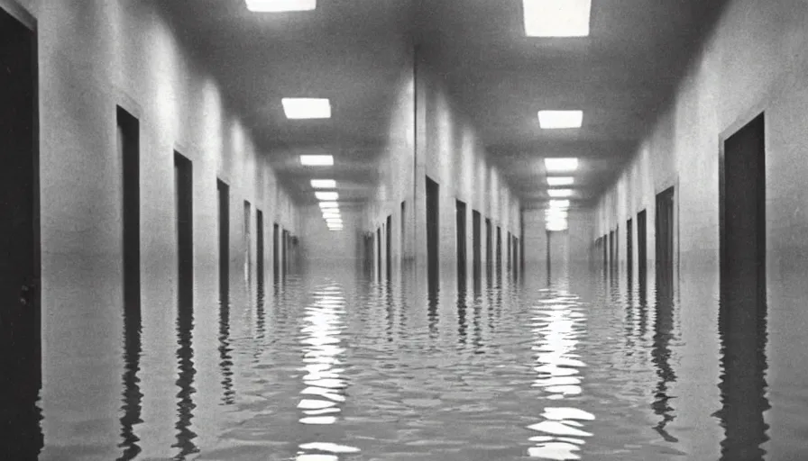 Image similar to 7 0 s movie still of an empty soviet stalinist style hallway flooded in water, eastmancolor, heavy grain, high quality, high detail