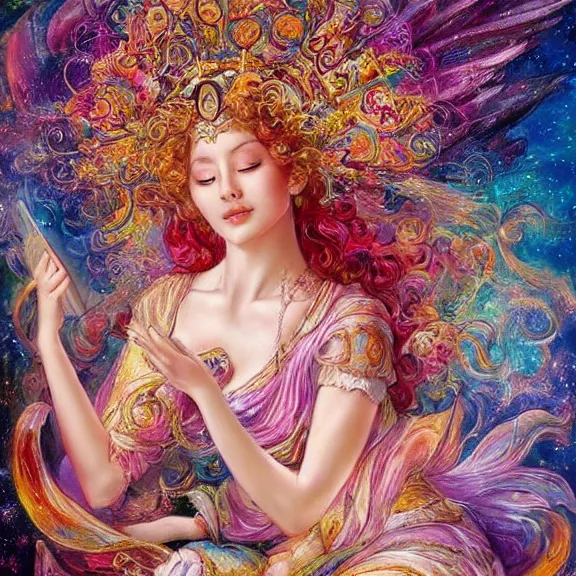 Prompt: a celestial goddess being lazy on her day off laying on a couch catching up on social media, magic realism, art by josephine wall, art by huang guangjian, art by viktoria gavrilenko, art by amanda sage, trending on artstation