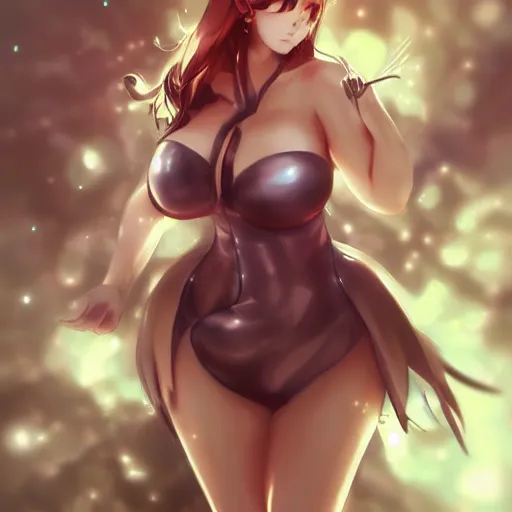 Image similar to an anime drawing of an extremly curvy girl by wlop and artgerm and ross tran featured on pixiv, booru