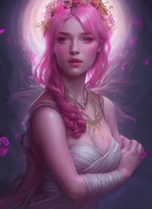 Image similar to pink hair goddess, fantasy, glowing lights!! intricate, soft rose and dried petals, d & d, fantasy, intricate, elegant, highly detailed, digital painting, artstation, concept art, matte, sharp focus, illustration, hearthstone, art by artgerm and greg rutkowski and alphonse mucha