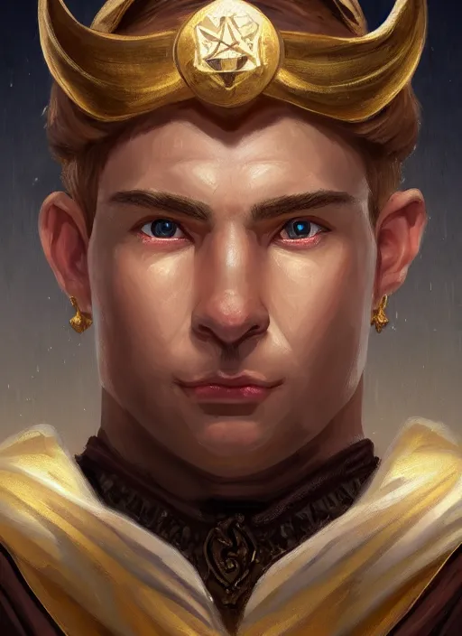 Image similar to symmetry!! oil painting digital art dungeons & dragons facial portrait of a caucasian halfling male cleric, with a ponytail, white robe with gold accents, white and brown robe with gold accents, necklace of a footprint, elegant, highly detailed, digital painting, artstation, concept art, sharp focus, illustration