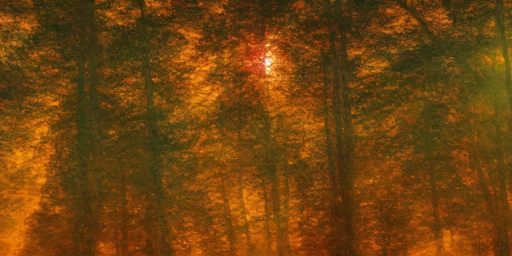 Image similar to An aesthetically pleasing fine art, dynamic, energetic, lively, well-designed digital art of trees inside a forest during sunset, light and shadow, caustics, by Claude Monet, superior quality, masterpiece, excellent use of negative space. 8K, superior detail.