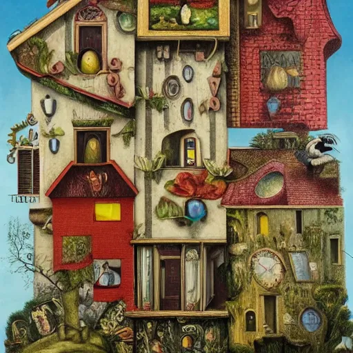 Prompt: a house with a tower, owl, birds, cheese, lowbrow in the style of mark ryden and gioseppo arcimboldo,