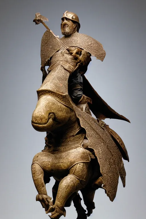 Image similar to medieval Norman, circa 1200, photo of stone carved statue, of a night in armor riding a dinosaur, romanesque style, in a museum room