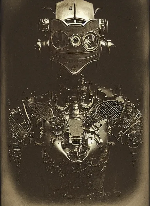 Image similar to old wetplate daguerreotype frame portrait of a futuristic silver armored geisha district 9 cyborg, fractal, intricate, elegant, highly detailed, subsurface scattering, by jheronimus bosch and greg rutkowski and louis jacques mande daguerre