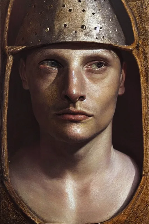 Image similar to hyperrealism oil painting, close - up portrait of face hiding in stingray medieval fashion model, knight, artwork by ken currie