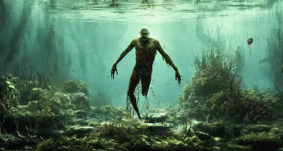 Image similar to highly detailed full body portrait of a zombie swimming underwater in a zombie - apocalypse, waterplants and fish in the background, lightreflections in the water, by greg rutkowski, octane render