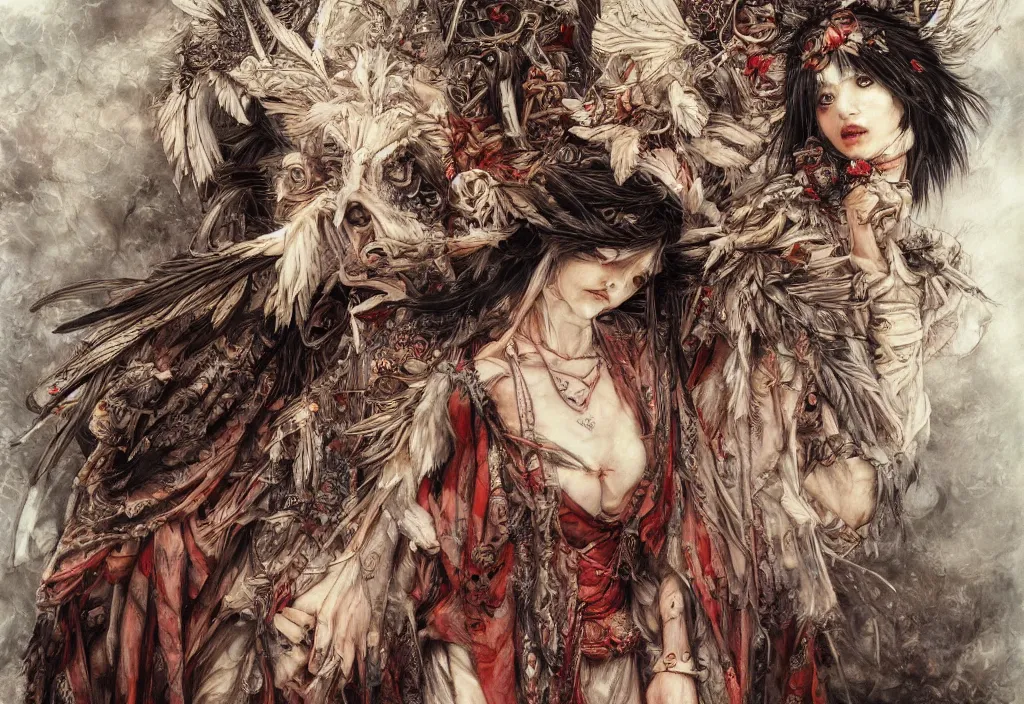 Prompt: breathtaking detailed painting of full size mononoke hime, by ayami kojima and brom, gauze angel dress, detailed realistic facial features, amalgamation of embers and feathers, 8 k, concept art, matte, sharp focus, rembrandt style