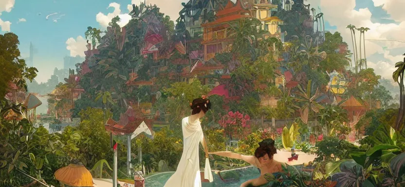 Prompt: utopian city in perfect harmony with nature, clean energy and food abundance, beautifully landscaped and tropical a digital illustration by artgerm and wlop and alphonse mucha and Greg Rutkowski, trending on artstation