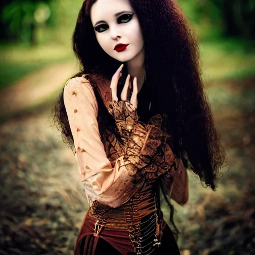 Prompt: A beautiful portrait of a lady vampire, steampunk, photography, 35mm, depth of field, bokeh, soft light, cinematic, steve mccurry