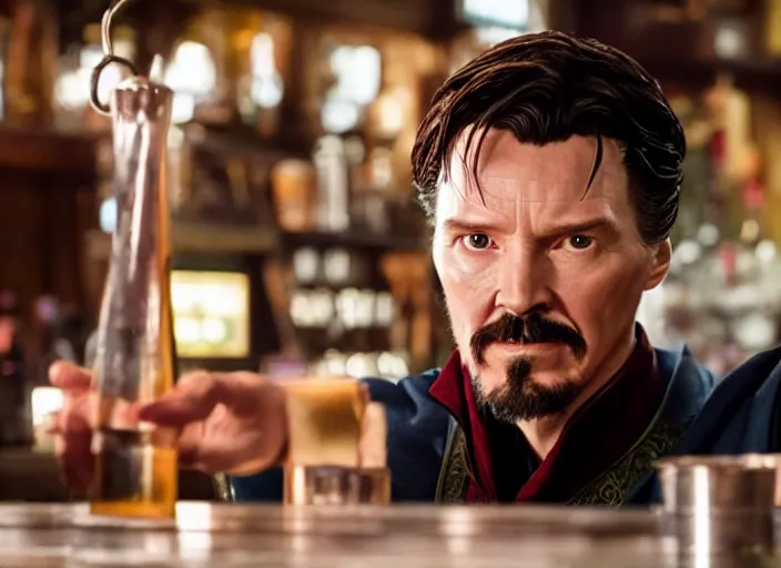 Image similar to film still of singular Doctor Strange working as a bartender in the new Avengers movie, 4k