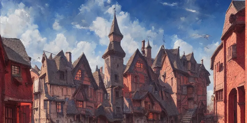 Image similar to hyper realistic oil painting of a medieval city, houses made out of red stone, houses made out of white stone, hyper detailed, high contrast, bright, summer, blue skies, by Greg Rutkowski, trending on artstation