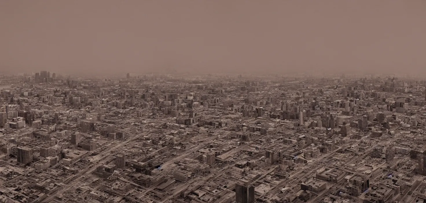 Prompt: ''the city of montreal in a desert wasteland after a nuclear apocalypse in the year 6000, remains, red haze, mist''