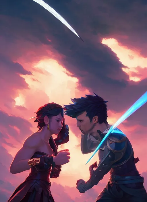 Prompt: highly detailed portrait of fist bump in front of swords, lightning in background, video game cover art,, unreal engine, fantasy art by greg rutkowski, loish, rhads, makoto shinkai and lois van baarle, ilya kuvshinov, rossdraws, tom bagshaw, global illumination, radiant light, detailed and intricate environment