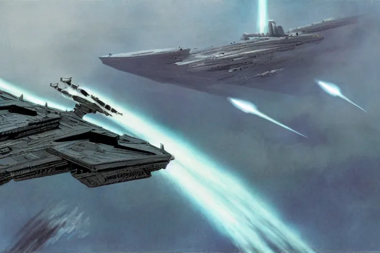 Prompt: ralph mcquarrie concept art, scene : the falcon and several fighters attack imperial ships. a star destroyer explodes. the victor limps away, its back half alive with a series of minor explosions. the rebel cruiser manages to move in next. before it explodes completely, taking the imperial star destroyer with it.