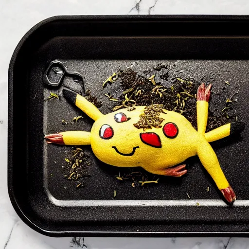 Image similar to roasted spatch pikachu in a baking tray with rosemary and thyme, cooking oil, steam, charred, ready to eat, electric sparks