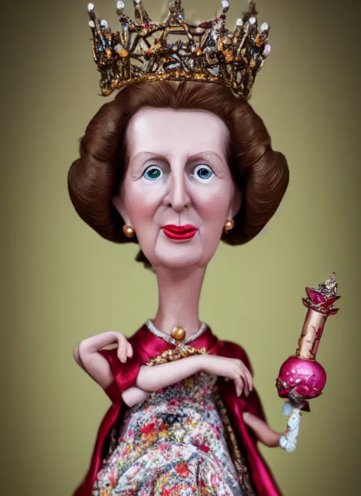 Prompt: closeup face profile portrait of tin toy margaret thatcher as a fairytale princess wearing a crown eating cakes, bikini, depth of field, zeiss lens, detailed, symmetrical, centered, fashion photoshoot, by nicoletta ceccoli, mark ryden, lostfish, breathtaking, 8 k resolution, extremely detailed, beautiful, establishing shot, artistic, hyperrealistic, octane render