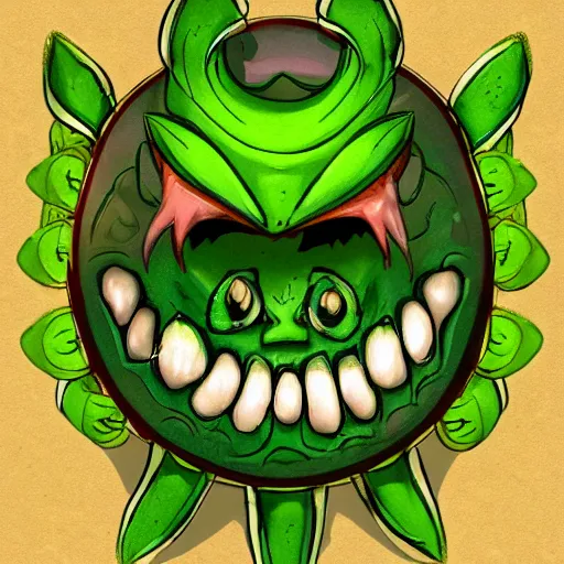 Image similar to Plant monster with a menacing smile and amber teeth, green body, semi realistic, trending on art station