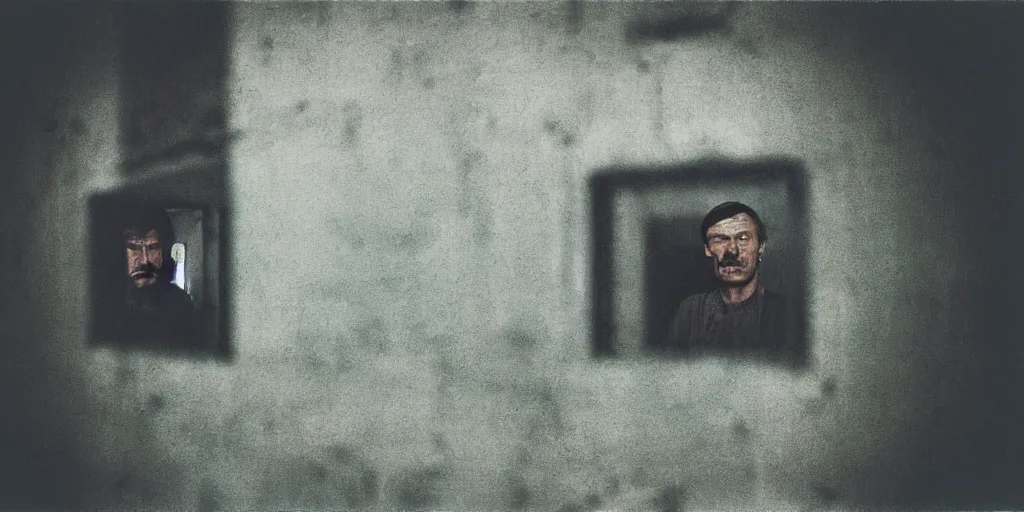 Prompt: detailed analog medium format photo from tarkovsky movie stalker, perspective of man looking through window while someone sinister sneakily watches him from outside in distance, haze, high production value, intricate details, 8 k resolution, hyperrealistic, hdr, photorealistic, high definition, tehnicolor, award - winning photography, masterpiece, amazing colors