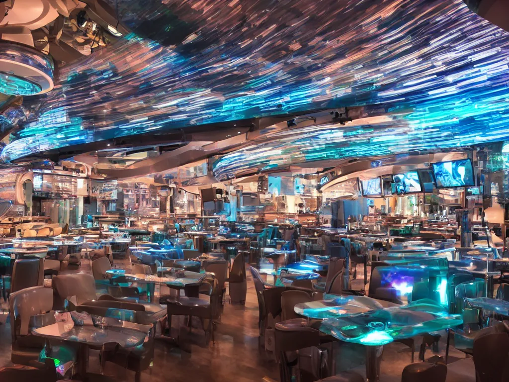 Prompt: visors with curved translucent screens playing detailed sci - fi art ( 2 0 4 2 ), pixel perfect photograph, high contrast, volumetric lighting, thin glowing lights, restaurant, chairs, users, pair of keys