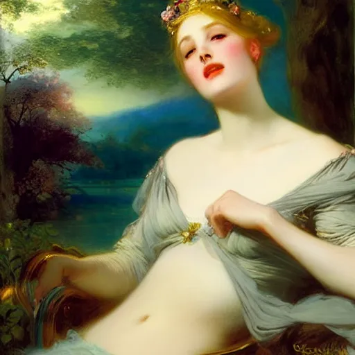 Image similar to blonde beautiful sleeping princess by Franz Xaver Winterhalter and Delphin Enjolras and Rebecca Guay