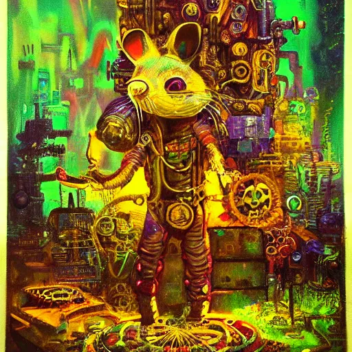 Image similar to steampunk rat, acid, 303, psychedelic, by paul lehr