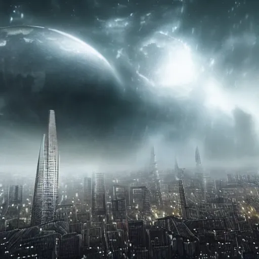 Image similar to a spaceship flying down into an alien city, dark clouds obscuring tall buildings, dark and ominous