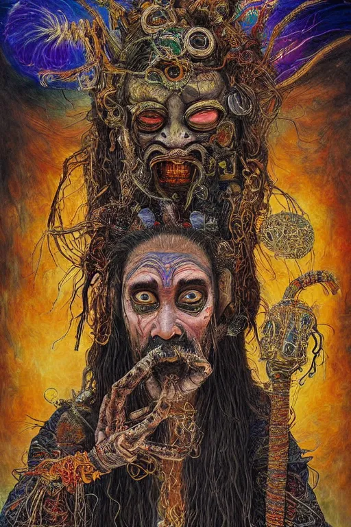 Image similar to a high hyper - detailed painting with complex textures, of an oriental shaman with tangled hair and a terrifying mask, wears a tunic vs. barefoot and has a cane, he is performing a ritual to access the world of imagination and dreams, cosmic horror spiritual visionsrio psychedelic weird bizarre art