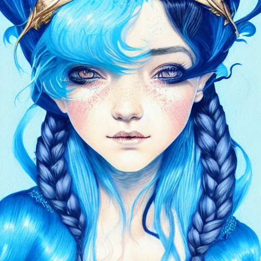 Prompt: head and shoulders portrait of a girl with blue hair and her cute dragon, illustration, medium shot, intricate, elegant, highly detailed, digital art, ffffound, art by Fernanda Suarez and sachin teng