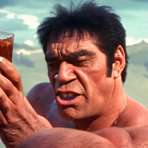 Image similar to a film still of hulk drinking coconut water