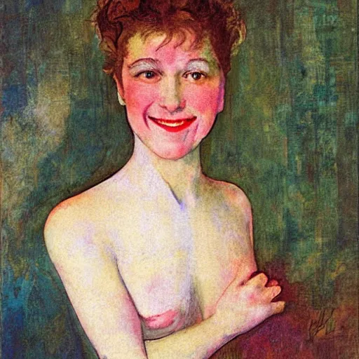 Prompt: representation of a young woman with a happy face in the year 1990 by Dmitri Vrubel