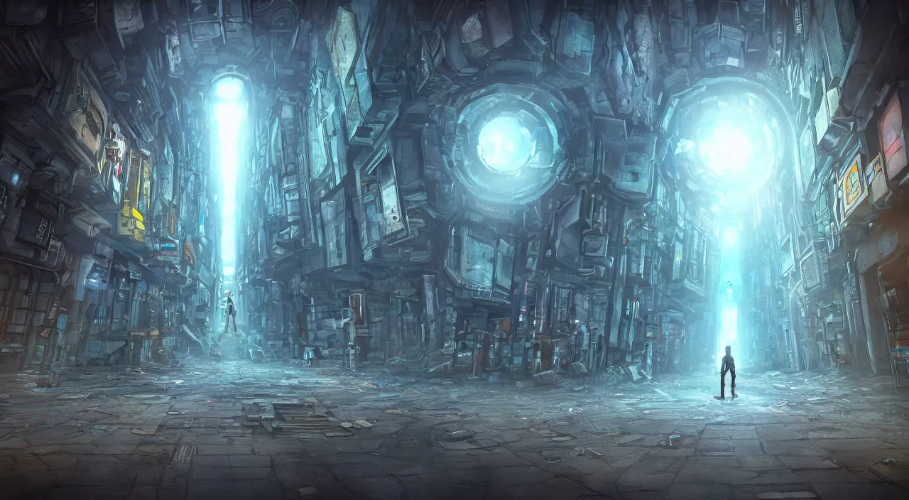 Prompt: Portal to another dimension in a dystopian city looking for trouble