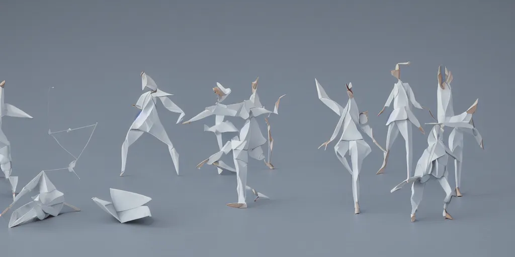 Prompt: beautiful three point perspective film still of funky pop origami character study scene in merce cunningham, extreme closeup portrait in style of frontiers in miniature porcelain photography fashion architectural art studio seinen manga edition, holly herndon origami statue, pointe pose, tilt shift zaha hadid theatre background, soft lighting, kodak portra 4 0 0, 8 k, macro, cinematic style by emmanuel lubezki