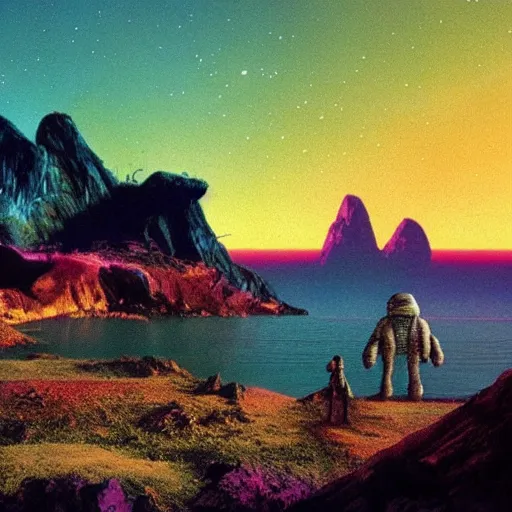 Image similar to 80s landscape photo, ET, goonies, retrowave, synthwave