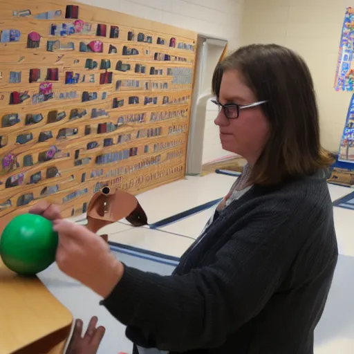 Image similar to teacher creating to - scale model of human eye for pedagogy purposes using bowling balls