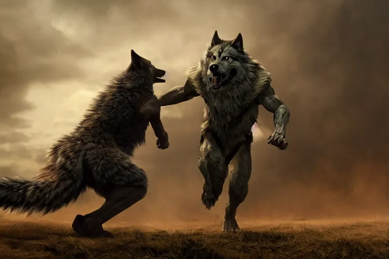 Prompt: still from a fantasy movie, a out of focus back of a man, facing a angry wolf, muted colors, action, 8 k, depth of field, cinematic, hyperrealistic, movie still frame, promotional image, imax 7 0 mm footage