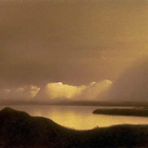 Image similar to clouds, volumetric, canvas, very detailed, oil painting, canvas, Albert Bierstadt, Theodor Kittelsen