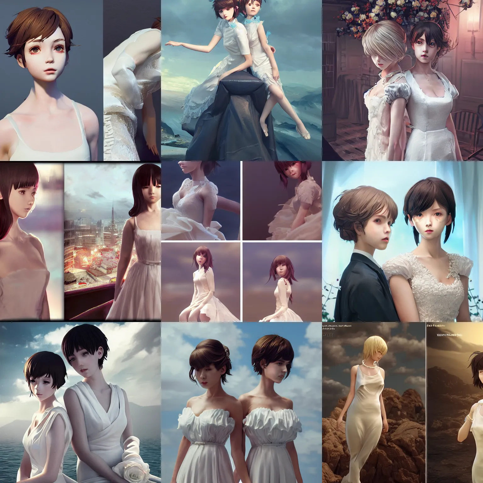 Prompt: worksafe. insanely detailed. by wlop, ilya kuvshinov, krenz cushart, greg rutkowski, pixiv. zbrush sculpt, octane, maya, houdini, vfx. two gorgeous young cg gentle girlish feminine sissy boys with ponytail, in bridal dress, posing together, in luxury advertisement. cinematic dramatic atmosphere, sharp focus, volumetric lighting