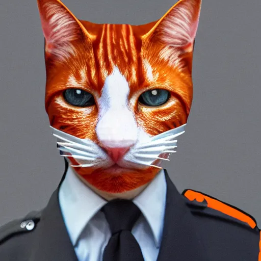 Prompt: high quality photo of a man in a police officer uniform wearing a latex mask of a realistic looking orange/white tabby cat on a dark bg, lit from below by James Jean, natural lighting