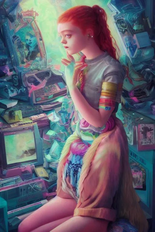 Prompt: sadie sink portrait of a vaporwave girl in a cluttered 9 0 s bedroom, by artgerm, tom bagshaw, gerald brom, vaporwave!, vaporwave colors!,, 4 k, lo fi colors, lo fi, 4 k, hd,